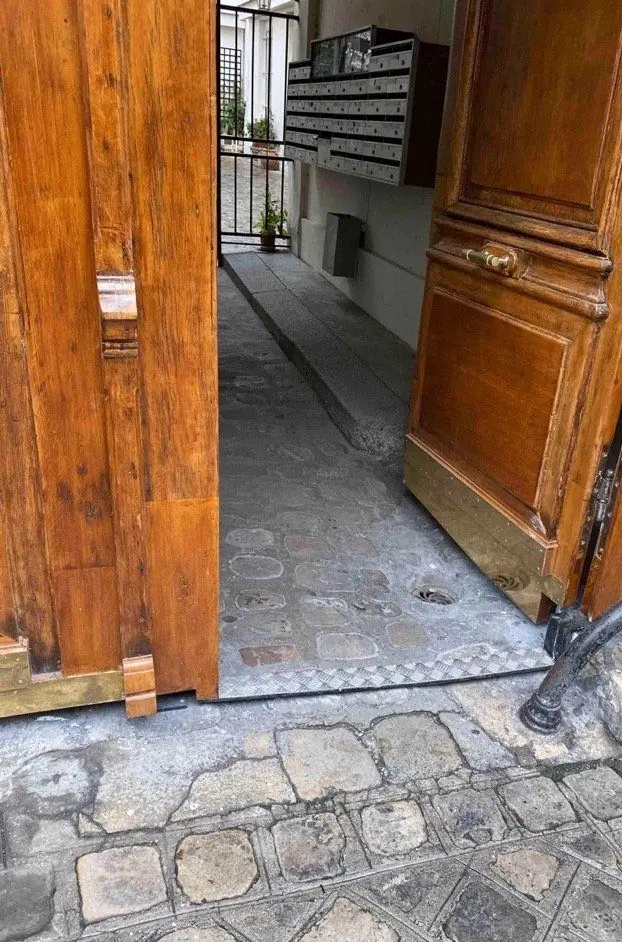 Seuil de laiton, 42 rue du Cardinal-Lemoine, Paris 5e — 2019 : Seuil de laiton rapporté sur le pavage, arrêt d'eau du vantail.