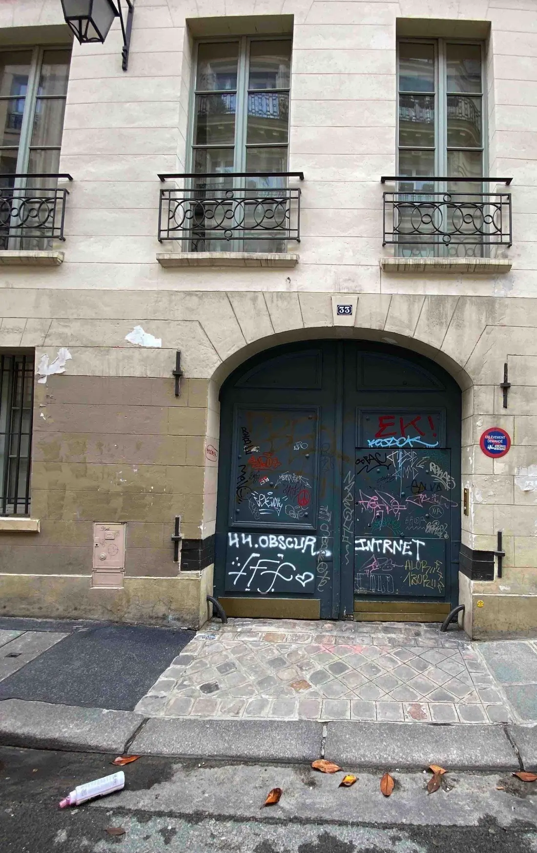 Porte charretière vert sombre cintrée au pied d’une façade de pierre