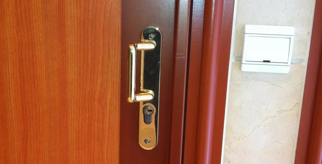 Poignée et plaque de propreté en laiton montées sur une porte en acajou